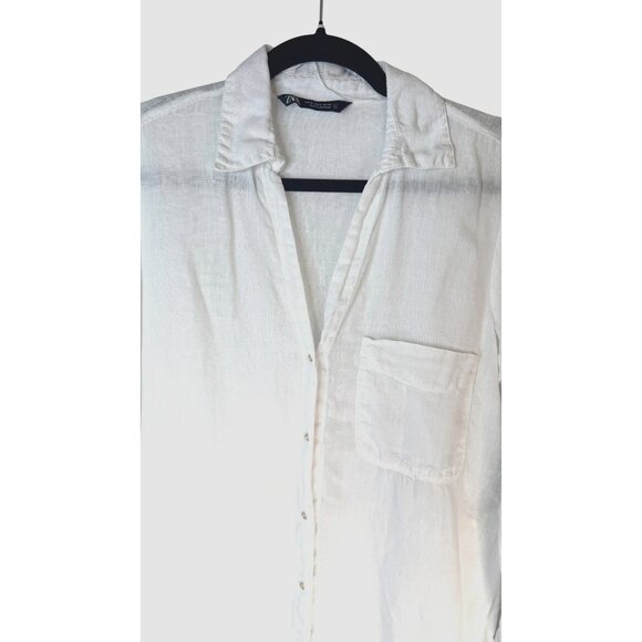 2/$30 ZARA Medium White Linen V-Neck Blouse With Button-Up Front - Picture 7 of 11